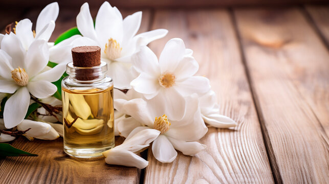 Magnolia essential oil in a bottle. Generative AI,