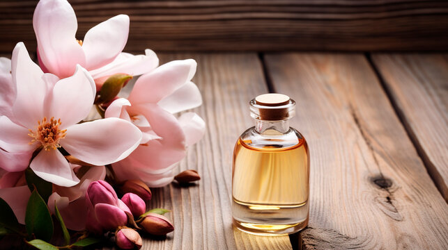 Magnolia essential oil in a bottle. Generative AI,