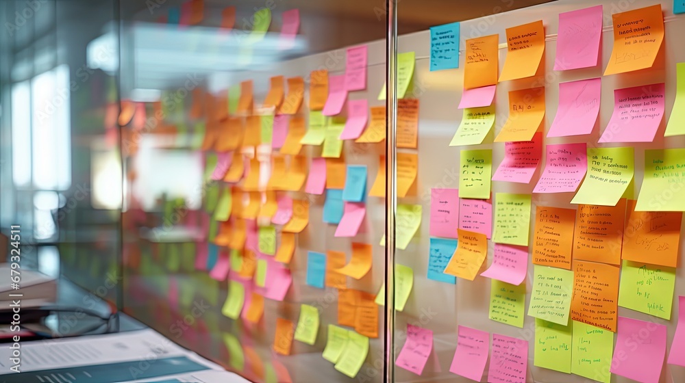 Fototapete blur color notes or sticky note on the glass wall in the office during brainstorming session in idea