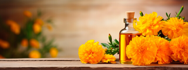 Naklejka na ściany i meble Merigold essential oil in a bottle. Generative AI,