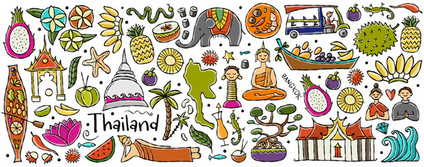 Travel to Thailand. Concept art design with Siam elements, map, people and landmarks, thai food etc. Vector illustration
