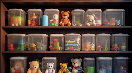 Transparent plastic containers with various children's toys on shelves. Organizing and Storage Ideas in nursery. Space organizing at childrens room. Toys sorting system. - Powered by Adobe