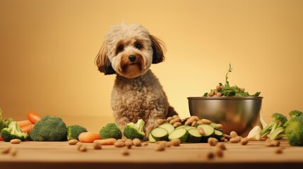 Dry dog vegan vegetarian food concept. Raw vegetables and green near bowl with pet feed on beige...