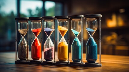 hourglass on a table, colorful sand, ai generated