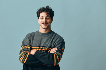 Man hipster face copyspace fashion smile young handsome gray sweater trendy portrait