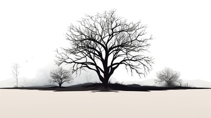 Silhouette of tree, bush with bare branches. Winter scenery trees afar landscape and black space for text, isolated illustration