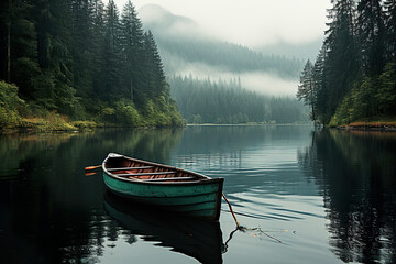 A lone canoe on a misty lake. Generative Ai - obrazy, fototapety, plakaty