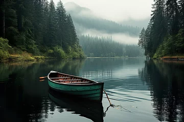 Foto op Canvas A lone canoe on a misty lake. Generative Ai © Shades3d