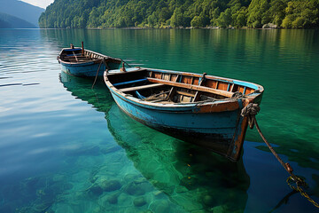 Obraz premium A lone canoe on a misty lake. Generative Ai