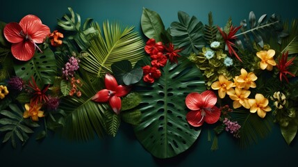 Fototapeta premium Creative nature layout made of tropical leaves and flowers. Flat lay. Summer concept.