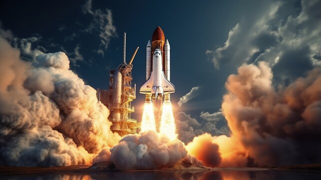 New space shuttle rocket with smoke and clouds takes off into the sky with moon. Shuttle spaceship liftoff to moon. Space Mission Launch to Moon Concept.