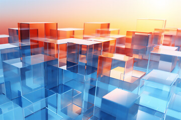 Translucent neon cubes with gradient multicolor reflections. 3D abstract illustration.