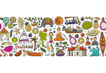Travel to Thailand. Seamless pattern background for your design. Siam elements, map, people and landmarks, thai food etc. Vector illustration