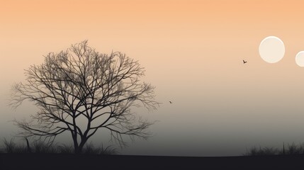 Silhouette of tree, bush with bare branches. Winter scenery trees afar landscape and black space...
