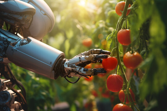 A Robot harvesting in vegetable garden field. AI Artificial Intelligence machine is picking fresh red tomatoes. Agricultural farmer assistant for harvesting organic good product farm.