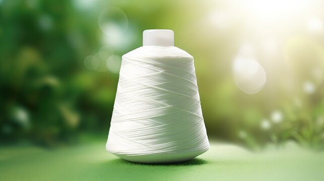 Raw White Polyester FDY Yarn spool with green blurred background. Recycle icon, sustainable icon and Bottle icon. Chemical concept