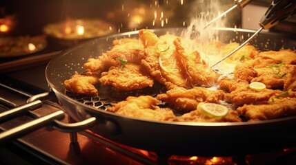 Detail of pliers taking fried schnitzel out of a sizzling pan. - obrazy, fototapety, plakaty