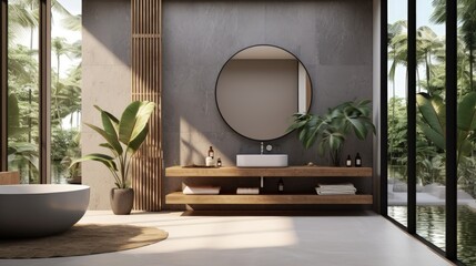 Modern contemporary loft style bathroom with tropical style nature view 3d render,There are concrete tile floor and wall decorated with wooden sink counter and circle mirror - obrazy, fototapety, plakaty