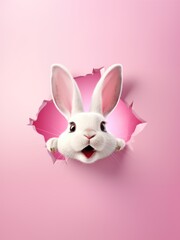 The surprised rabbit looks through a hole in wall. The concept of a happy Easter.
