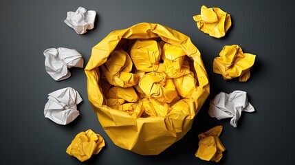 Idea and creativity concept with crumpled yellow paper and painted trash. Sorting good and bad ideas. Waste sorting concept.