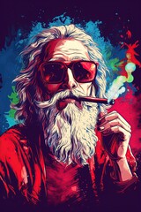 Santa Claus smoking a cannabis joint. Christmas concept art. Illustrated poster design. Ai Generative - obrazy, fototapety, plakaty