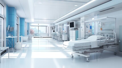 Long corridor with medical bed in modern hospital. 3D illustration - obrazy, fototapety, plakaty