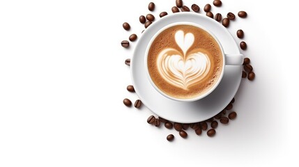 Small cup of cappuccino with coffee beans and heart shaped milk foam, top view isolated on white...