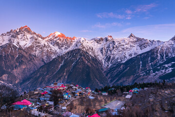 Beautiful panoramic view of Kalpa, It is a small village in Kinnaur district of Himachal Pradesh located amidst Himalayas of India. - obrazy, fototapety, plakaty