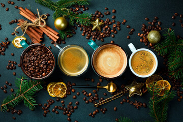 A set of different types of coffee drinks in cups: cappuccino, espresso latte. Top view, on a black background, free copy space. Hot coffee.