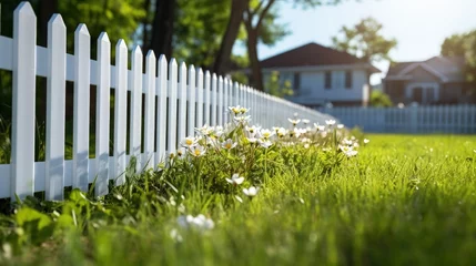 Foto op Plexiglas White vinyl fence fencing of private property grass plastic © HN Works