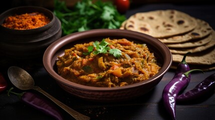 Baigan/Baingan Bharta - Mashed roasted Eggplant cooked with spices & vegetables. Served with Jowar flour flat bread known as bhakar/bhakri. served over colourful or wooden background. Selective focus - obrazy, fototapety, plakaty