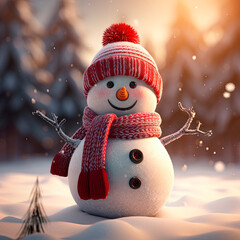 A snowman wearing a red hat and scarf. Christmas card. Generative AI