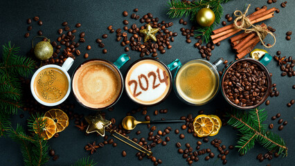 Numbers 2024. Cup of cappuccino with Cinnamon. New Year's decor. On a dark background.
