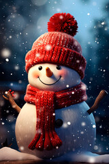 A snowman wearing a red hat and scarf. Christmas card. Generative AI