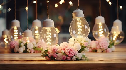 light bulbs and flowers in wedding decoration. wedding ceremony or valentine's day