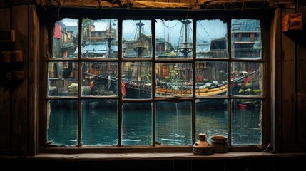 Naklejka premium Old window in pirate town in amusement park in Kristiansand, Norway. Vertical color photo.