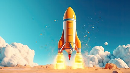 Obraz premium Cartoon rocket launch on yellow background. Business startup concept. 3D rendering with clipping path