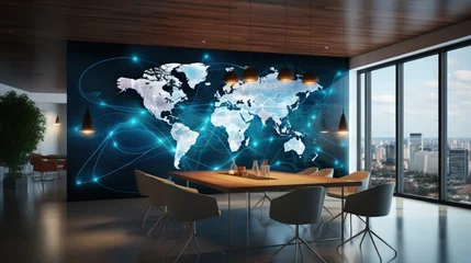 Ingelijste posters Abstract virtual world map with connections on a modern conference room background, international trading concept. Multiexposure © HN Works