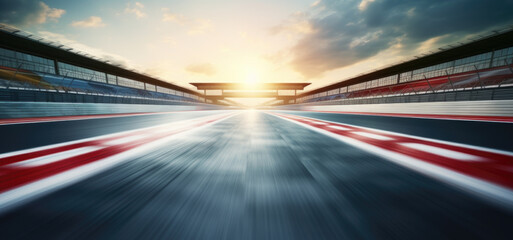Fototapeta F1 race track circuit road with motion blur and grandstand stadium for Formula One racing obraz