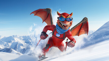Cheerful red dragon skiing on snowdrifts in winter with copy space. Symbol of 2024. - obrazy, fototapety, plakaty