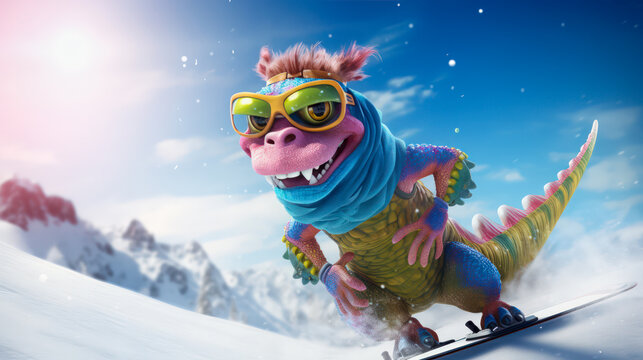 Cheerful green 3d dragon snowboarding through snowdrifts in winter, copy space. Symbol of 2024