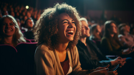 a group of diverse people laugh while watching a comedy show. ai generative