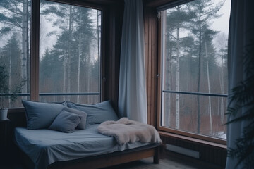 Cozy bedroom with a forest view through a large window.