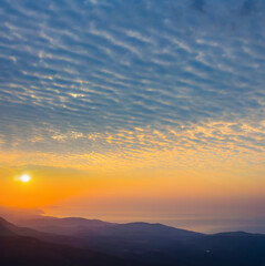 mountain plateau slope at the sunrise, autumn mountain travel scene