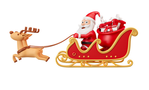 Santa Claus with sleigh and reindeer 3d render illustration 