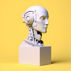 Naklejka premium a white marble bust of robot on a yellow background
