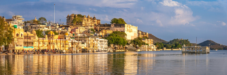 Panoramic view of city of lakes, Udaipur with lake Pichola from Ambrai ghat, Rajasthan, India.