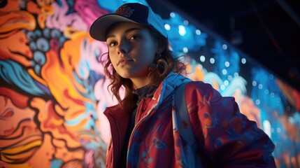 Photo of a teenager creating a vibrant graffiti mural on an urban wall, showcasing their artistic expression, wearing a street-art-inspired outfit, with the area brightly lit in high-key