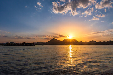 Mesmerizing view of Fateh Sagar Lake situated in the city of Udaipur, Rajasthan, India. It is an...