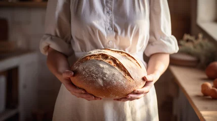 Gordijnen A woman holds freshly baked sourdough bread in her hands in the kitchen. ai generative © Oleksandr